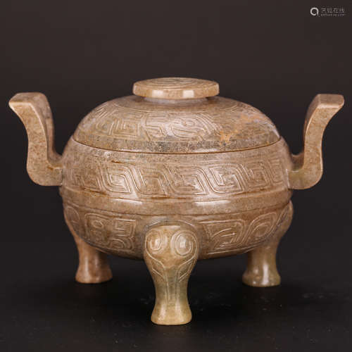 CHINESE ARCHAIC JADE TRIPOD CENSER