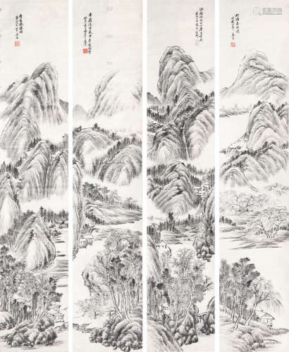 姜 筠(1847-1919) 山水四屏