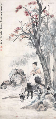 倪 田(1855-1919) 秋林归牧