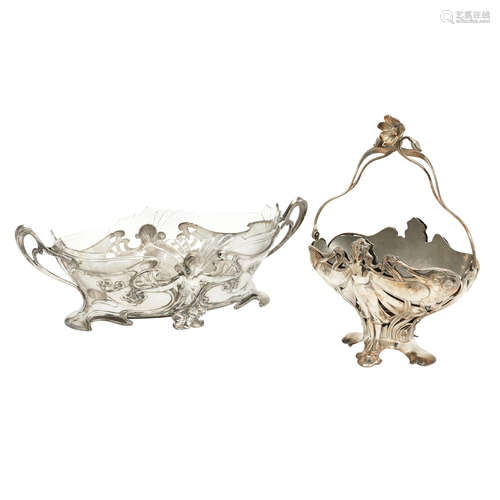 STAMPED MAKER'S MARKS, CIRCA 1900 a WMF figural plated pewter art nouveau twin-handled centrepiece with detachable glass liner