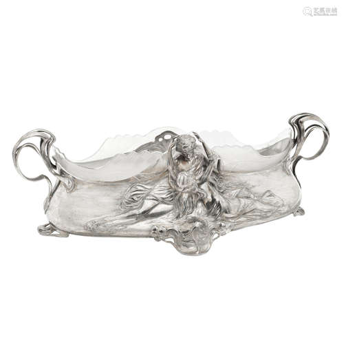 STAMPED MAKER'S MARKS, CIRCA 1900 a WMF figural plated pewter art nouveau twin-handled centrepiece with detachable glass liner