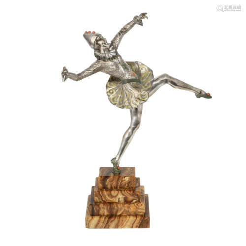 SIGNED IN CAST, CIRCA 1925 'costume dancer' an art deco silvered and cold-painted bronze study by jourdain