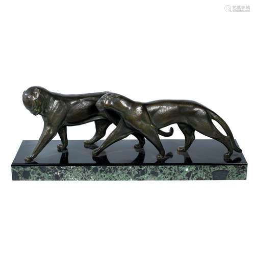 ENGRAVED NAME TO BASE, CIRCA 1925 a large art deco patinated bronze study of two prowling panthers by michel decoux