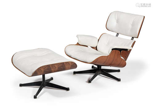 Laminated rosewood veneered shell, buttoned leather upholstery, maker's label, 84cm wide x 85cm deep x 84cm high  Charles Eames (American, 1907-1978) and Ray Eames (American, 1912-1988) A 670 lounge chair and 671 ottoman, for Herman Miller, designed 1956