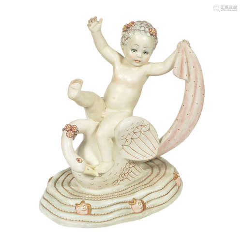 MAKER'S MARKS, CIRCA 1935 a lenci pottery study of a cherub riding a swan