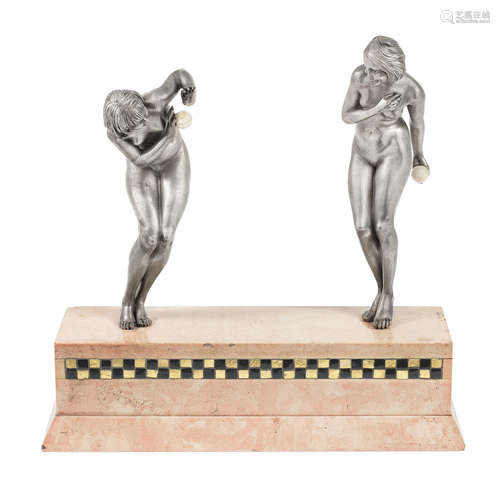 SIGNED TO BASE, CIRCA 1925 'snowballing' an art deco silvered bronze study of two naked female revellers by pierre le faguays