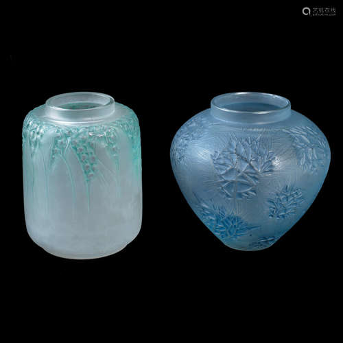 BOTH SIGNED 'R.LALIQUE': PRE 1947 Two René Lalique Frosted and Polished Glass Vases -'Esterel' and 'Muguet'