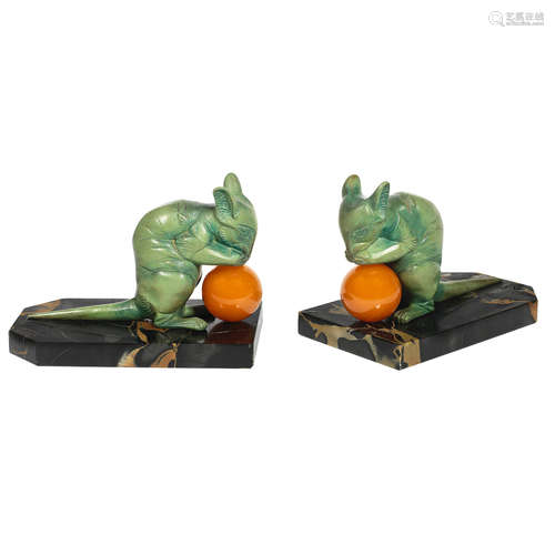 SIGNED IN CAST, CIRCA 1925 A pair of Art Deco patinated metal Mice bookends by h.moreau