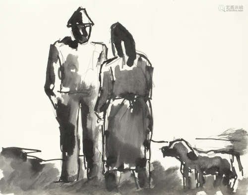 The peasants talking with dog Josef Herman RA(British, 1911-2000)