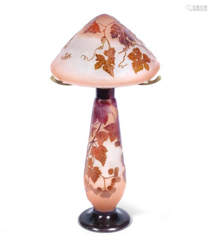 SIGNED 'Gallé'; CIRCA 1900 An Émile Gallé Cameo Glass Table Lamp with Stems of Leaves and Berries