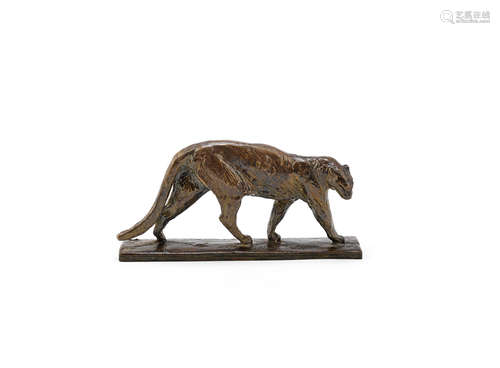 SIGNED IN CAST, CIRCA 1925  an art deco small-size patinated bronze model of a panther by Alberic Collin