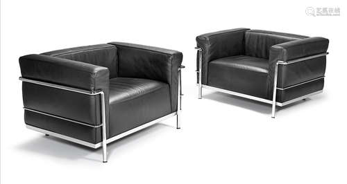 Black leather, chrome-plated tubular steel with manufacturer's stamp, 99cm wide x 86cm deep x 76cm high  Le Corbusier, Charlotte Perriand, Pierre Jeanneret A pair of LC3 chairs for Cassina