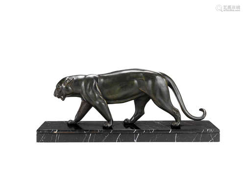 ENGRAVED ARTIST NAME TO BASE, CIRCA 1925 an art deco patinated metal model of a stalking panther by rochard