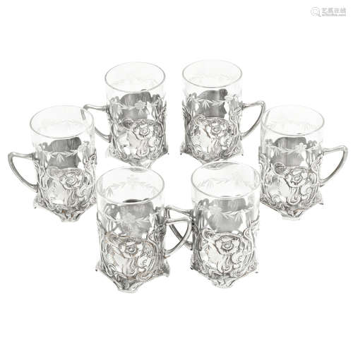 STAMPED MAKER'S MARKS, CIRCA 1900 a set of six wmf pewter art nouveau figural drinking glasses