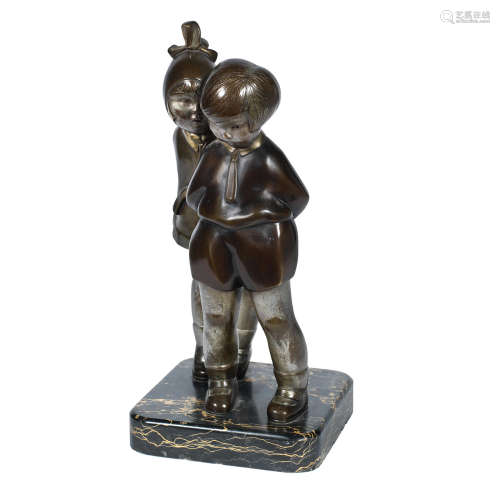 INCISED ARTIST NAME TO BASE, CIRCA 1925 an art deco patinated bronze study of two children by alexandre kelety