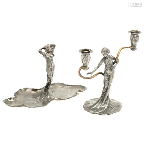 STAMPED MAKER'S MARKS, CIRCA 1900 a WMF pewter art nouveau twin-branch candlestick and a figural dish