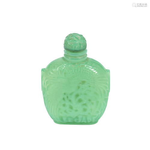 MOULDED 'R.L FRANCE' AND 'ROGER ET GALLET PARIS'; PRE 1947 A René Lalique Opalescent, Frosted and Polished Green Glass 'Le Jade' Perfume Bottle and Stopper for Roger et Gallet