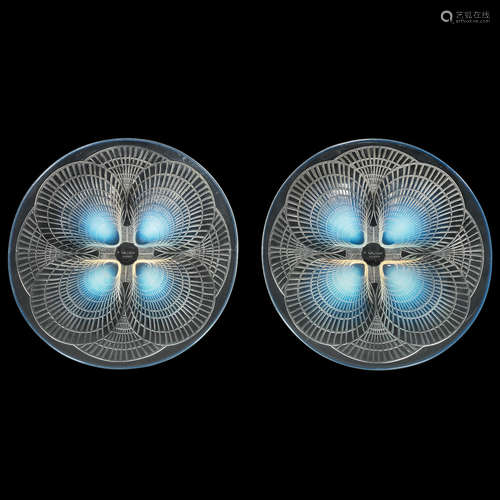 BOTH ENGRAVED 'R.LALIQUE FRANCE'; PRE 1947 Two Large René Lalique Opalescent, Frosted and Polished Glass 'Coquilles' Plates