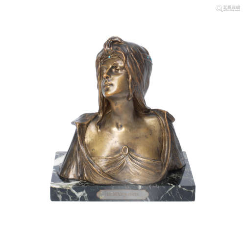 20cm high  an art nouveau gilded bronze bust of a maiden by Georges Flamand SIGNED IN CAST, CIRCA 1900