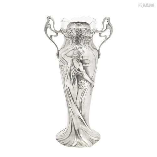 STAMPED MAKER'S MARKS, CIRCA 1900  a WMF figural pewter art nouveau twin-handled vase with detachable glass liner