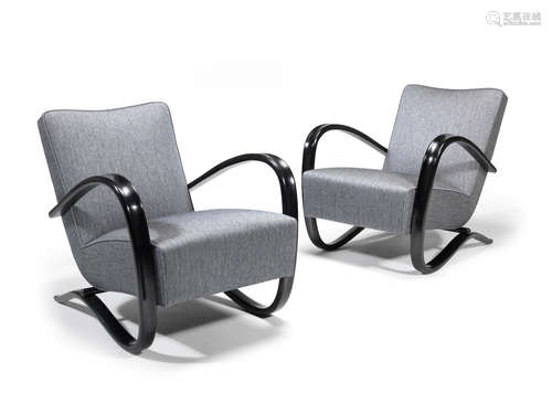 Ebonised and steam-bent beech frames, grey fabric upholstery, 71cm wide x 86cm deep x 76cm high  Jindrich Halabala (Czech, 1903-1978) A pair of H-269 lounge chairs chairs, designed 1933