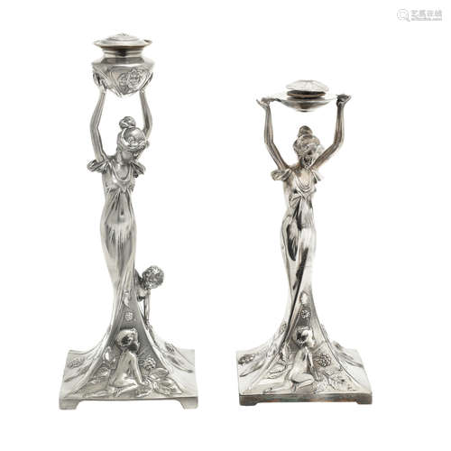 ONE WITH MAKER'S MARKS, CIRCA 1900 two wmf pewter figural art nouveau comport bases (both missing glass dish)