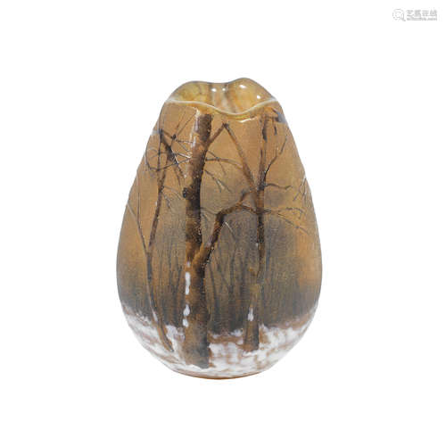 4.5cm high.  a miniature daum glass etched and enamelled 'winter landscape' vase SIGNED 'DAUM NANCY', CIRCA 1900