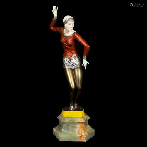 SIGNED IN CAST TO THE BASE, CIRCA 1925 'red dancer' an art deco silvered, cold-painted bronze and carved ivory study by ferdinand preiss