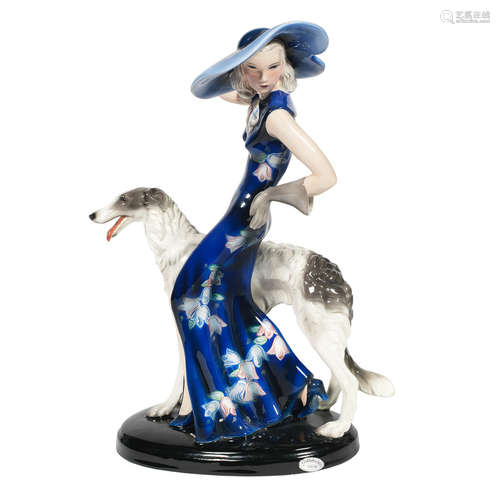 MAKER'S MARKS, CIRCA 1925 a Goldscheider art deco pottery figure of a stylish lady with borzoi by claire weiss