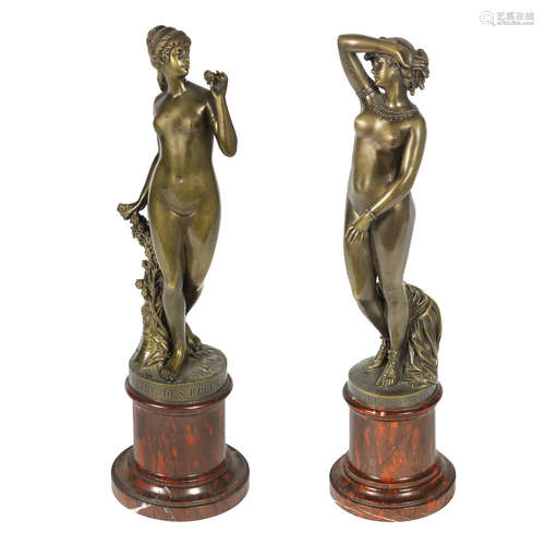 TITLED AND SIGNED IN CAST, CIRCA 1900 'Reine des Fleurs' and 'Phryne' a pair of patinated bronze studies of female nudes by P.Stotz & Cie