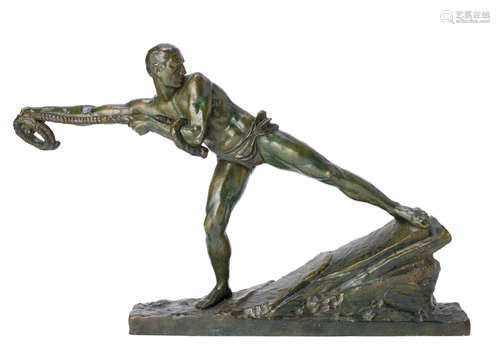 SIGNED IN CAST, CIRCA 1925  'Lariat' an art deco patinated bronze study of an athletic male figure by pierre le faguays