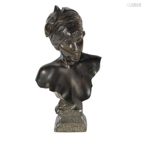 TITLED AND SIGNED IN CAST, CIRCA 1900 'Janotte' a bronze bust of a lady by emmanuel villanis
