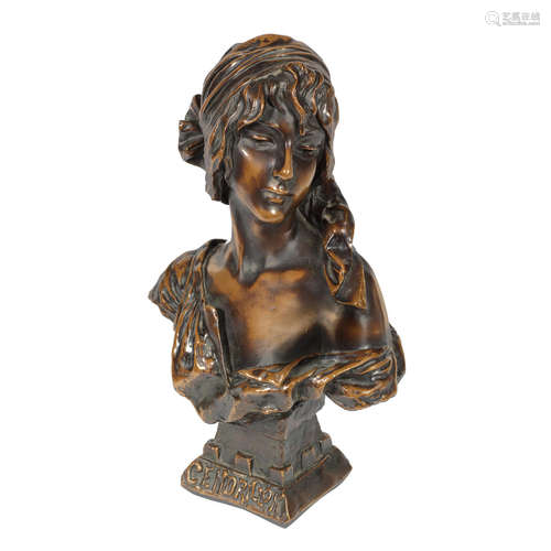 TITLED AND SIGNED IN CAST, CIRCA 1900 'Cendrilion' an art nouveau patinated bronze study by emmanuel villanis