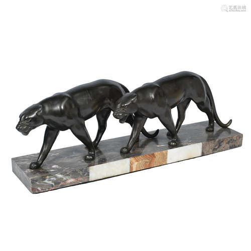 UNSIGNED; CIRCA 1925 an Art Deco patinated metal double panther group by Leduce