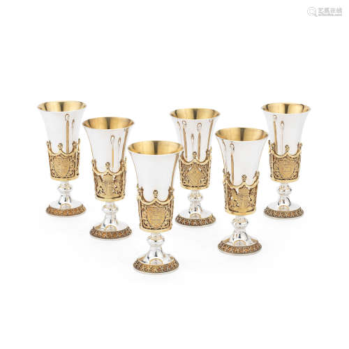 London 1986, limited edition numbered  (6) HECTOR MILLER FOR AURUM: A set of six silver and silver-gilt commemorative Royal Wedding goblets