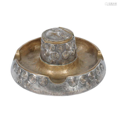 SIGNED IN CAST, CIRCA 1900 a secessionist gilded and silvered bronze ashtray/inkwell by Gustav Gurschner