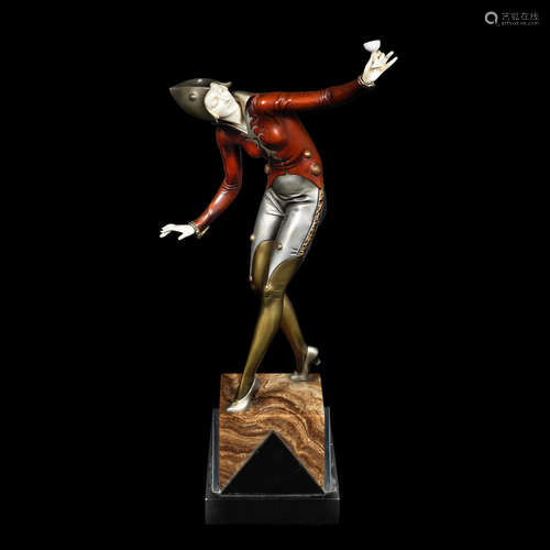 INCISED SIGNATURE TO BASE, CIRCA 1925 'champagne dancer' an art deco silvered, cold-painted bronze and carved ivory study by ferdinand preiss