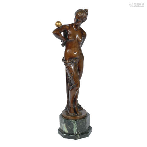 SIGNED IN CAST, CIRCA 1925 'balancing' an art deco patinated bronze study of a bare-breasted female with ball by jaray
