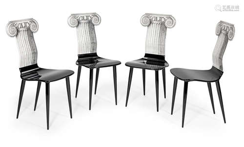 Lithographed plywood frames, one chair dated 2009, three chairs dated 2010, 40.5cm wide x 54cm deep x 94.5cm high  Piero Fornasetti (Italian 1913-1988) Four Capitello Ionico side chairs, designed 1955, manufactured 2009-2019 by Atelier Fornasetti