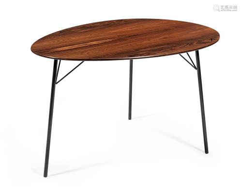 Plywood with rosewood veneer, steel rods, the table 115cm wide x 85cm deep x 70cm highProvenance: The collection of John and Sylvia Reid and thence by descent   Arne Jacobson (Danish, 1902-1971) An Egg Table and four Ant Chairs, for Fritz Hansen, designed and manufactured 1950's