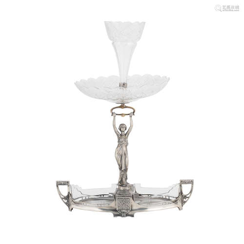 STAMPED MAKER'S MARKS, CIRCA 1900 a WMF pewter and cut glass twin-handled art nouveau centrepiece