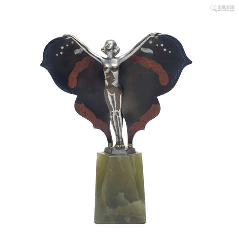 SIGNED IN CAST, CIRCA 1925 'butterfly dancer' a rare art deco silvered and enamelled bronze study by josef lorenzl