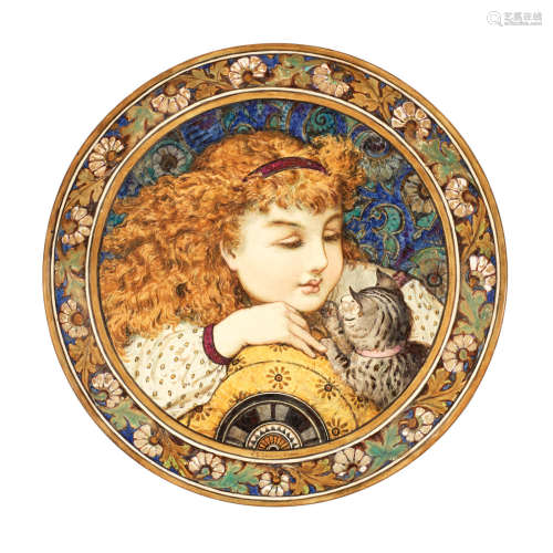 MAKER'S AND ARTIST NAMES, DATED 1871 a fine minton kensington gore period wall charger with red-haired girl and cat by w.s coleman