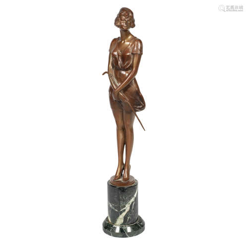 SIGNED IN CAST, CIRCA 1925 'the riding crop' a patinated bronze female study by bruno zach