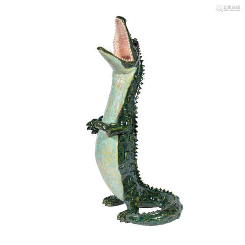 ARTIST MONGRAM, 2018 'always look on the bright side of life' a hand-modelled pottery figure of a standing crocodile by valerie courtet