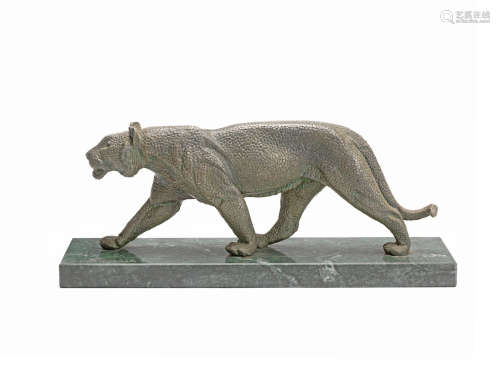 ENGRAVED 'D.H CHIPARUS' TO BASE, CIRCA 1925  an art deco stippled art metal model of a silvered panther by Demetre Chiparus