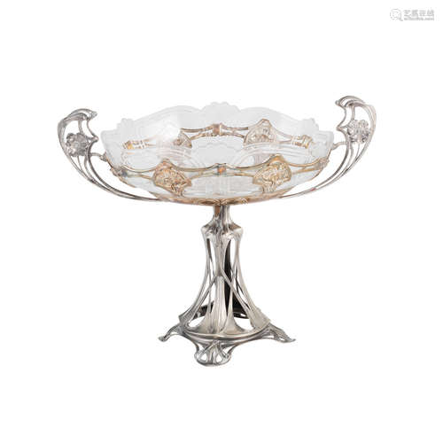 STAMPED MAKER'S MARKS, CIRCA 1900 a WMF pewter and cut glass twin-handled art nouveau centrepiece