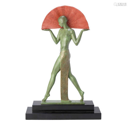 SIGNED IN CAST, TWENTIETH CENTURY 'espana' an art deco patinated art metal and glass figural table lamp by Raymonde Guerbe