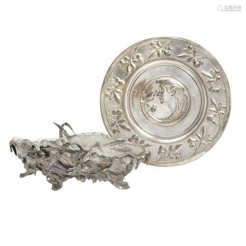 STAMPED MAKER'S MARKS, CIRCA 1900 a wmf pewter figural art nouveau centrepiece and glass liner with maiden and dragonfly