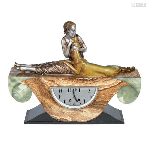 ENGRAVED SIGNATURE, CIRCA 1925 'friends' an art deco patinated metal, marble and onyx figural clock by demetre chiparus